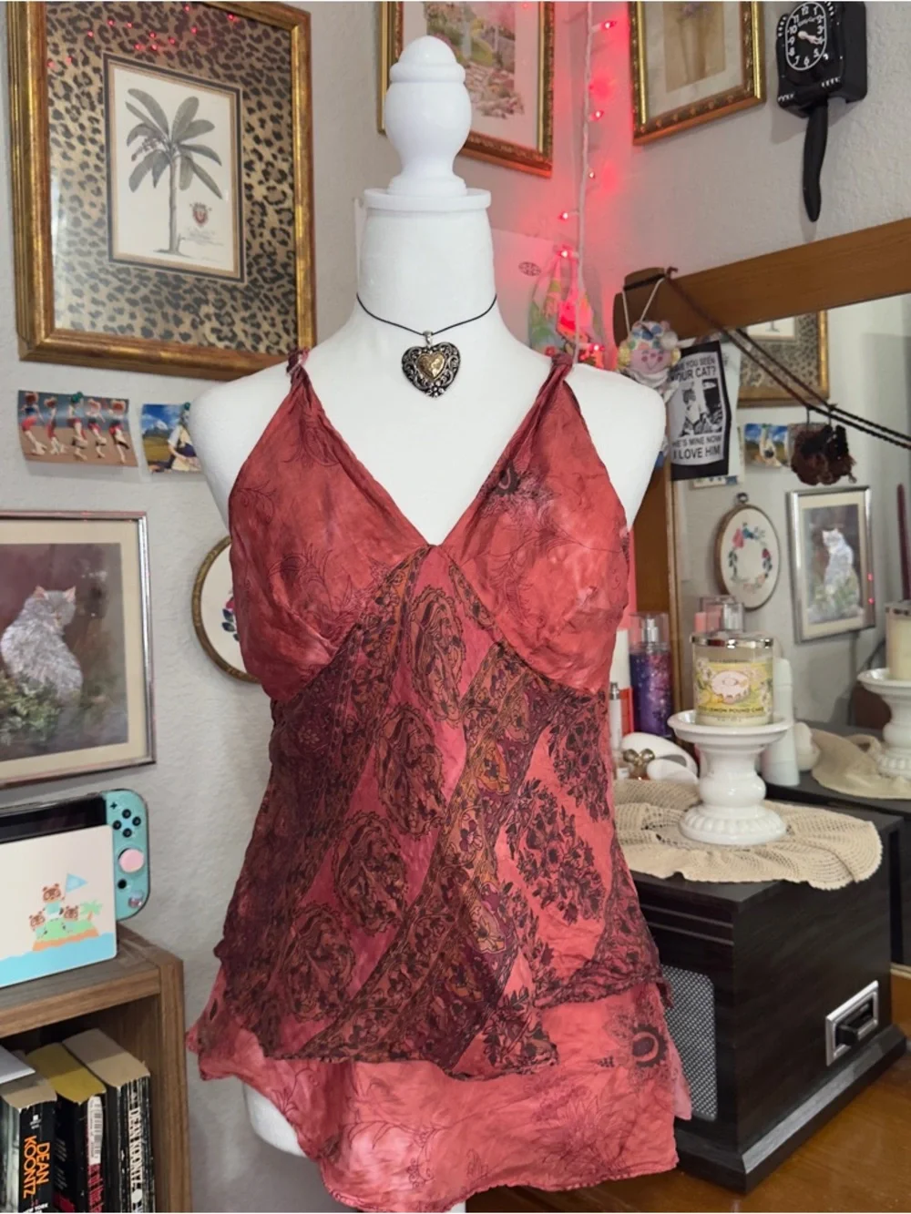 Y2K Red Paisley Silk Cami Top - Picture 2 of 9